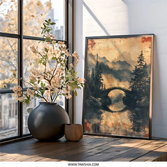 Serene Bridge Wall Art, Mountain Landscape Print, Peaceful Nature Artwork, Misty Forest Decor, Calming Zen Scenery, Home Decoration - Tawshia