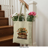 Fall Books Tote Bag, Autumn Leaves, Reading Lover Gift, Bookworm Bag, Library Tote, Cute Bookish Tote, Aesthetic Reader Bag, Teacher Gift - Tawshia