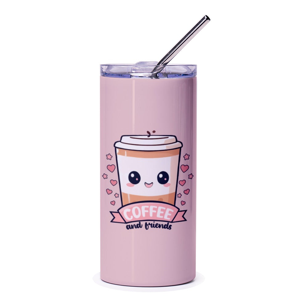 Kawaii Coffee Tumbler, Cute Coffee Cup, Coffee and Friends Tumbler, Kawaii Gift, Coffee Lover Gift, Gift for Friend, Tumbler with Straw - Tawshia