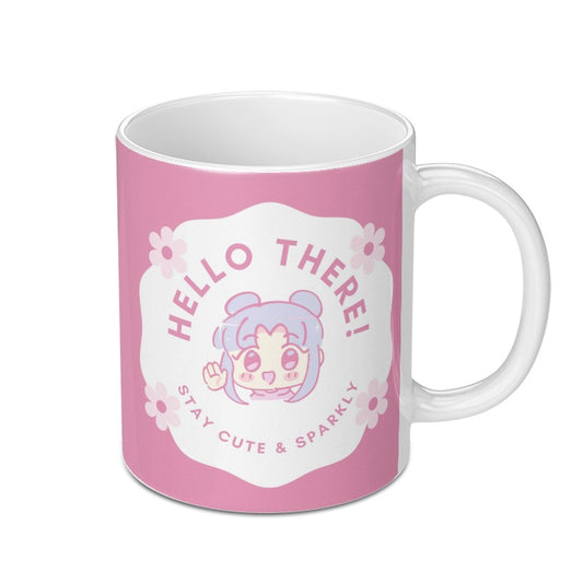 Cute Kawaii Mug, Anime Mug, Hello There Mug, Pink Mug, Sparkly Mug, Gift for Her, Aesthetic Mug, Trendy Mug, Cartoon Mug, Anime Girl - Tawshia