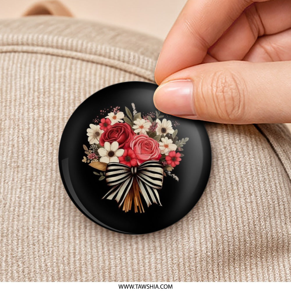 Floral Bouquet Pinback Button, Rose Pin, Flower Accessory, Striped Bow, Elegant Button, Unique Gift Idea, Trendy Button - Tawshia