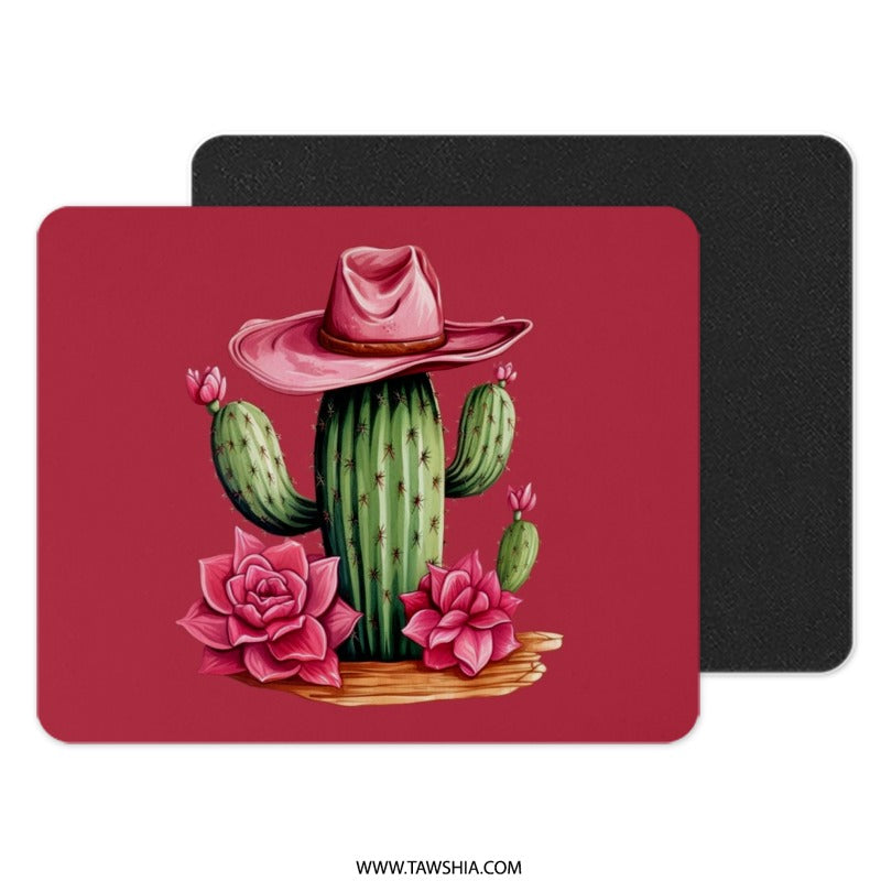 Cactus Cowboy Mouse Pad, Western Mousepad, Desert Decor, Pink Hat Mouse Pad, Floral Mouse Pad, Unique Office Gift, Computer Accessory - Tawshia