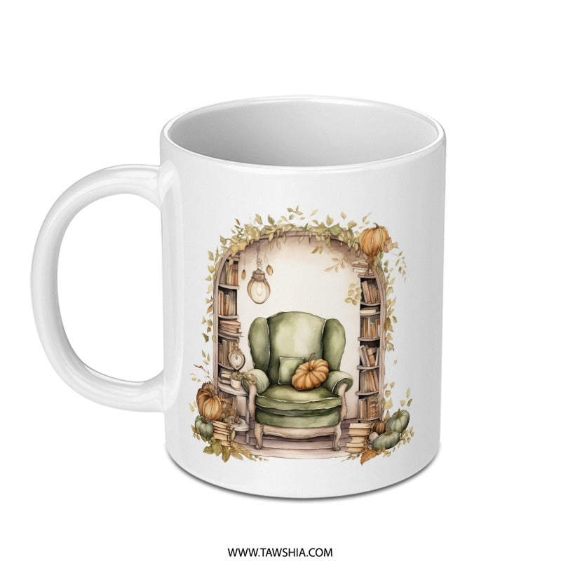 Cozy Fall Reading Nook Mug, Autumn Book Lover Gift, Pumpkin Spice Season Mug, Home Decor Mug, Library Mug, Relaxing Scene Coffee Mug - Tawshia