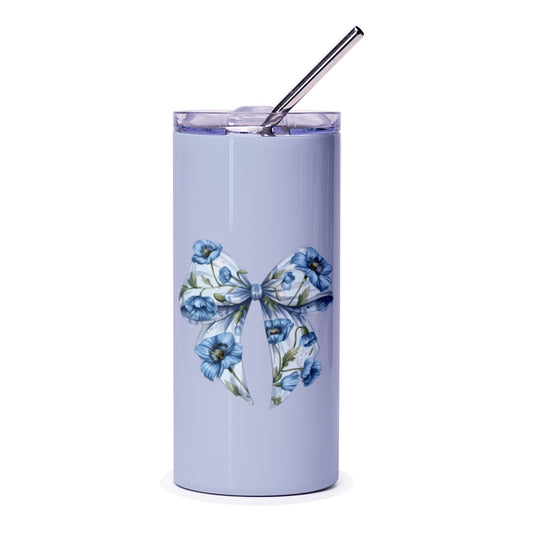Floral Bow Tumbler, Blue Flower Design, Cute Tumbler for Women, Gift for Her, Stylish Drinkware, Travel Mug, Floral Tumbler - Tawshia