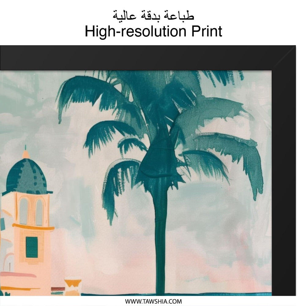 Coastal Village Wall Art, Tropical Palm Tree Print, Seaside Town Artwork, Italian Coast Scenery, Mediterranean Sea View Poster - Tawshia