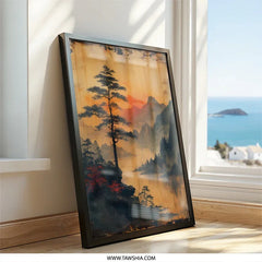 Japanese Pine Tree, Landscape Wall Art, Mountain Sunrise Art, Nature Print, Calm Scenery Painting, Zen Decor, Asian Inspired Artwork - Tawshia