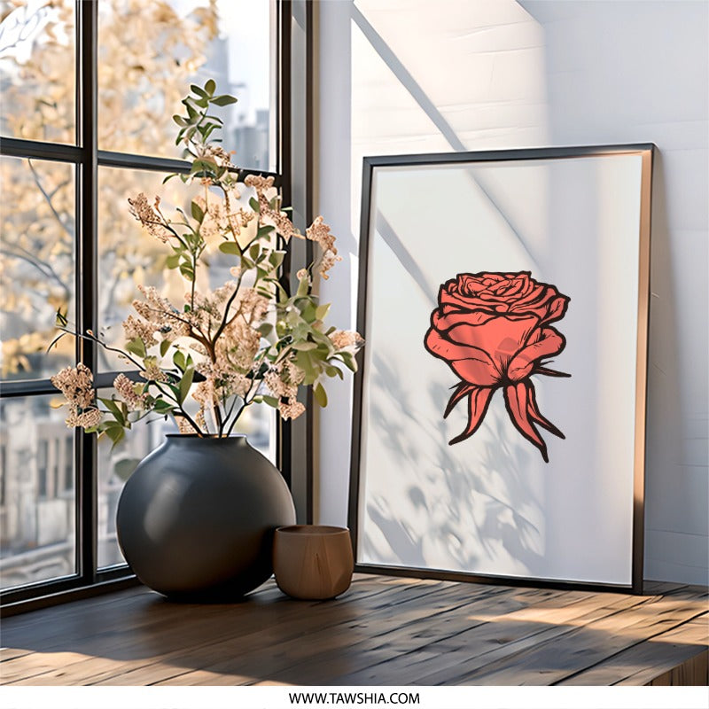Coral Rose Wall Art, Floral Print, Botanical Art, Modern Home Decor, Elegant Flower Artwork, Framed Rose Illustration - Tawshia