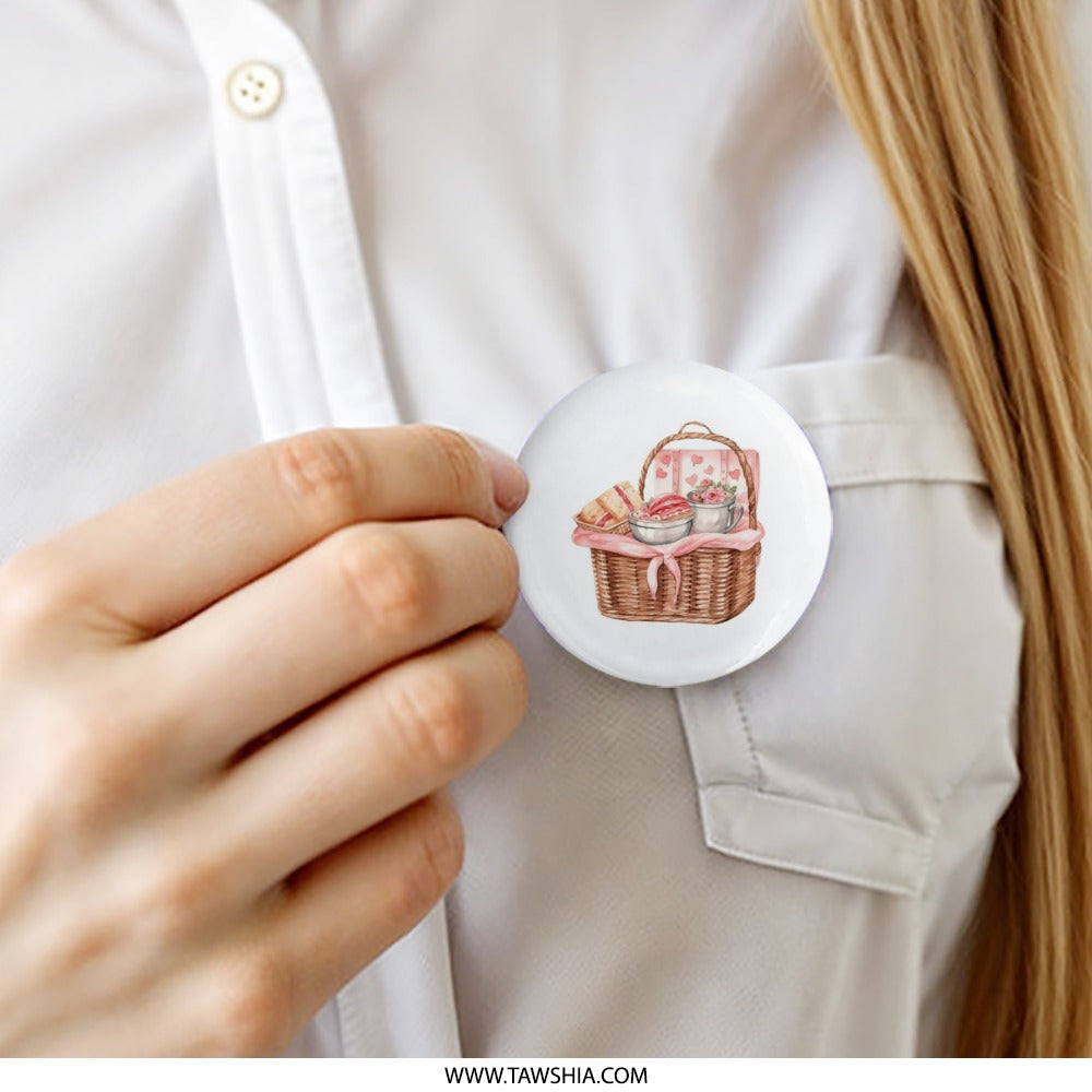 Picnic Basket Pinback Button, Vintage Style, Heart Accents, Food Illustration, Cute Button, Aesthetic Accessory, Valentine Gift - Tawshia