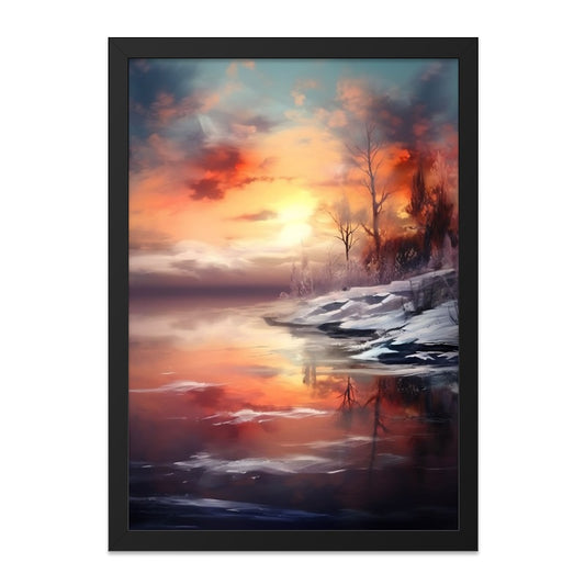 Winter Sunset Wall Art, Landscape Painting Print, Lake Reflection Scene, Colorful Sky Art, Nature Home Decor, Scenic Wall Decor - Tawshia