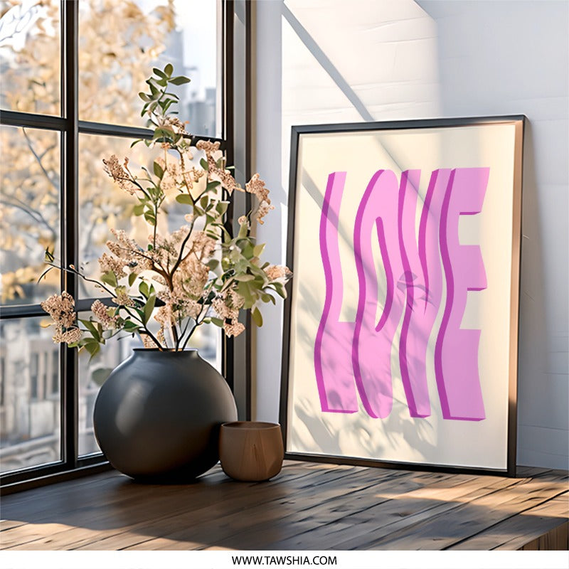 Pink Love Wall Art, Trendy Home Decor, Modern Art Print, Minimalist Poster, Aesthetic Room Decor, Gift Idea, Framed Art, Love Print - Tawshia