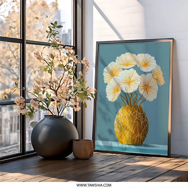 Floral Wall Art, Yellow Vase, White Petals, Minimalist Wall Decor, Modern Art Print, Botanical Illustration, Flower Artwork, Home Decor - Tawshia