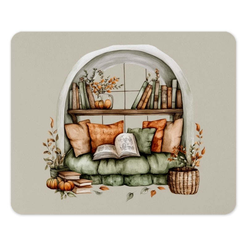 Cozy Window Seat Mouse Pad, Autumn Reading Nook Desk Decor, Fall Aesthetic Mousepad, Pumpkin and Books Office Accessory - Tawshia