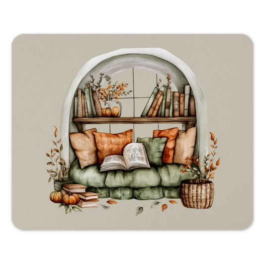 Cozy Window Seat Mouse Pad, Autumn Reading Nook Desk Decor, Fall Aesthetic Mousepad, Pumpkin and Books Office Accessory - Tawshia