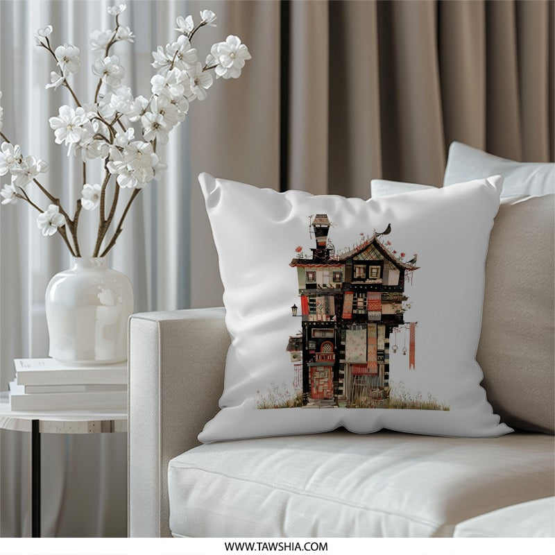 Whimsical House Pillow, Quirky Architecture Home Decor, Eclectic Pillow Cover, Colorful Art Pillow, Unique Home Accent Pillow - Tawshia