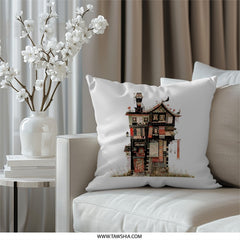 Whimsical House Pillow, Quirky Architecture Home Decor, Eclectic Pillow Cover, Colorful Art Pillow, Unique Home Accent Pillow - Tawshia
