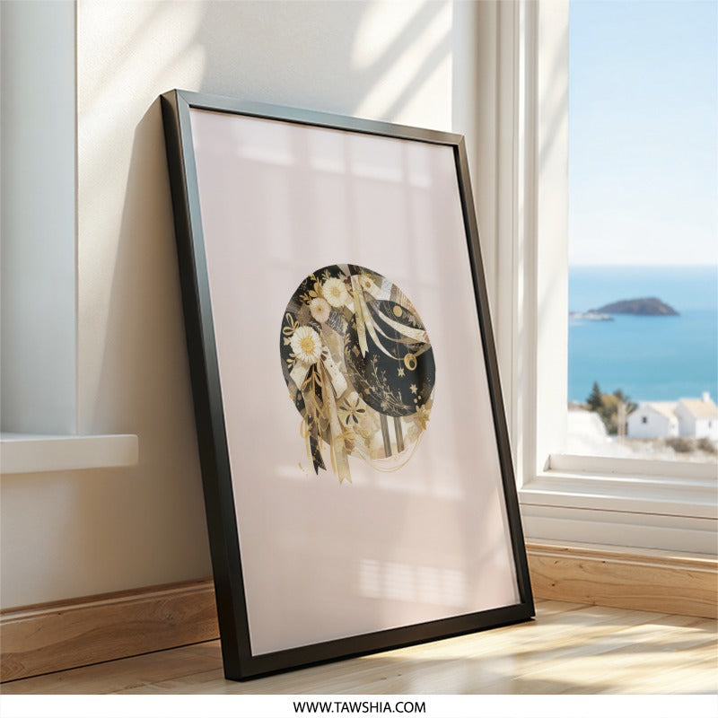 Celestial Moon Wall Art, Floral Crescent Moon Decor, Elegant Gold Accent Print, Unique Gift Idea, Modern Wall Art - Tawshia