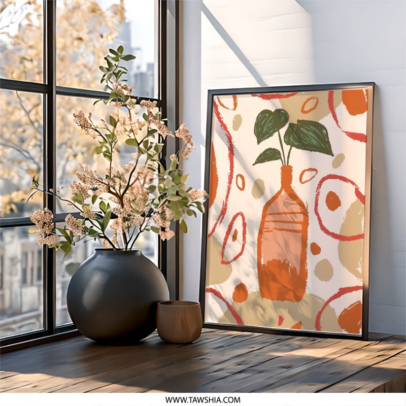 Botanical Wall Art, Plant in Vase Art, Abstract Wall Decor, Modern Art Print, Home Decor Art, Framed Art, Trendy Wall Art (134 characters) - Tawshia