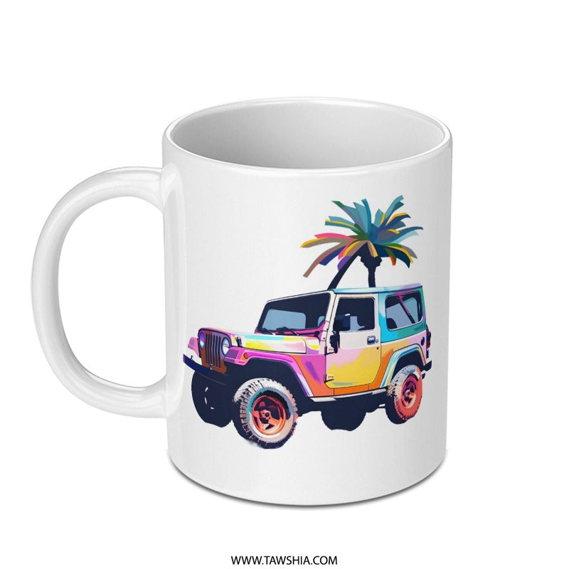 Colorful Jeep Mug, Tropical Palm Tree, Pop Art Style, Unique Gift, Car Lover Mug, Beach Vibes, Coffee Mug, Tea Cup, Novelty Mug, Gift Idea - Tawshia