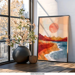 Abstract Sunset Wall Art, Coastal Landscape Print, Minimalist Mountain Art, Boho Home Decor, Modern Art Poster, Contemporary Art - Tawshia