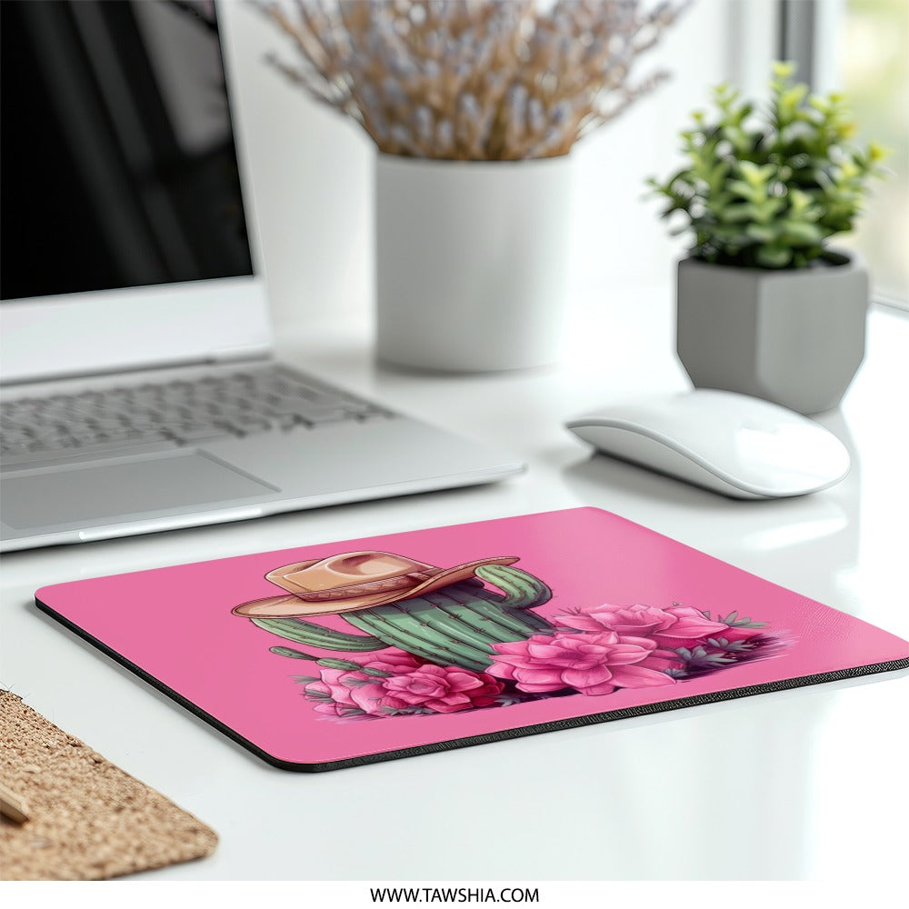 Cowboy Cactus Mouse Pad, Western Desert Decor, Floral Mousepad, Pink Background Mouse Pads, Home Office Gift, Funky Desk Accessory - Tawshia