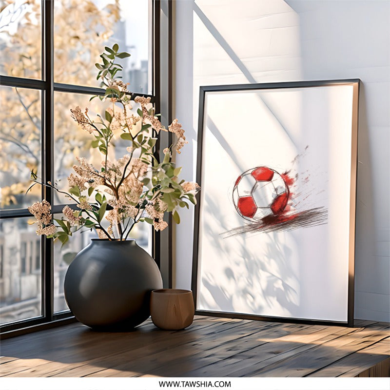 Soccer Wall Art Print, Football Poster, Sports Art, Red White Decor, Kids Room Art, Teen Boy Gift, Game Room Decor - Tawshia