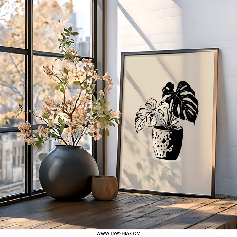 Monstera Plant Wall Art, Minimalist Art Print, Botanical Home Decor, Modern Living Room Art - Tawshia