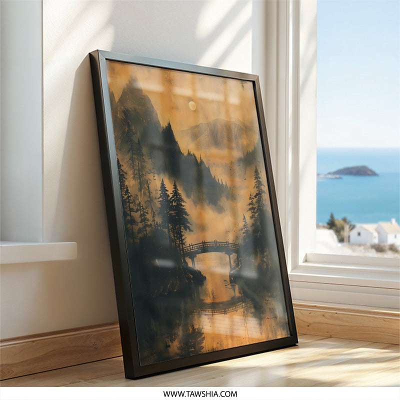 Mountain Bridge Wall Art, Asian Landscape Print, Peaceful Scenery Poster, Nature Home Decor, Serene River Painting - Tawshia