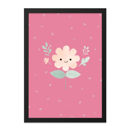 Cute Flower Framed Wall Art, Pink Heart Decor, Kids Room Art, Nursery Art, Floral Wall Decor, Kawaii Art Print, Whimsical Art, Gift Idea - Tawshia