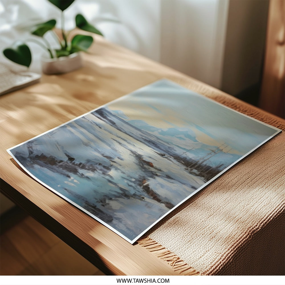 Winter Landscape Photographic Print, Mountain Scene Art, Snowy River Painting, Home Decor Wall Art, Cold Weather Print - Tawshia