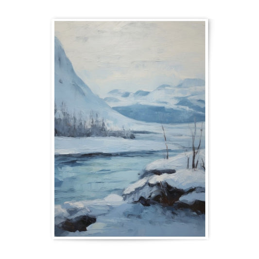 Winter Landscape Photographic Print, Snowy Mountain Scene Photo, River Valley Wall Art, Serene Winter Decor, Cold Climate Photography - Tawshia