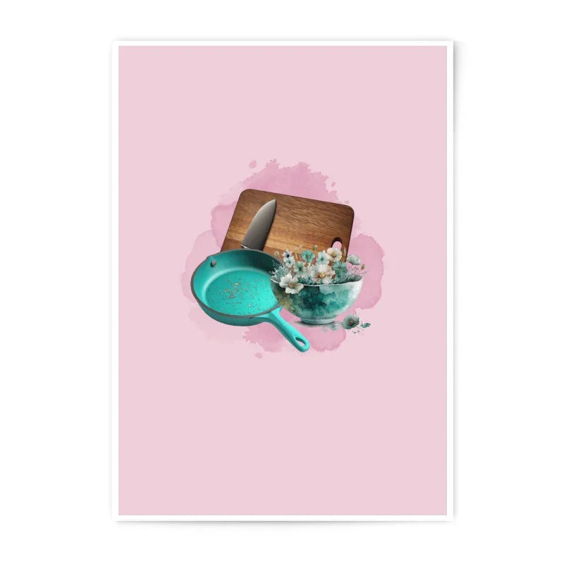 Kitchen Still Life Photographic Prints, Cooking Art Prints, Kitchen Decor Prints, Turquoise Pan, Floral Bowl, Cutting Board Art - Tawshia