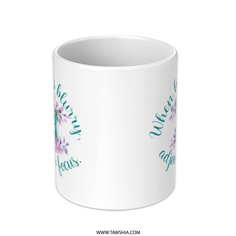 Adjust Your Focus Mug, Floral Camera Mug, Inspirational Quote Mug, Photographer Gift, Motivational Mug, Teal Camera Mug - Tawshia