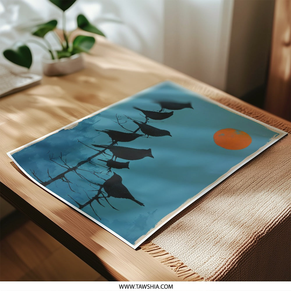 Bird Silhouettes Photographic Print, Full Moon Wall Art, Crow Art, Nature Photography, Atmospheric Print, Dark Academia Decor - Tawshia
