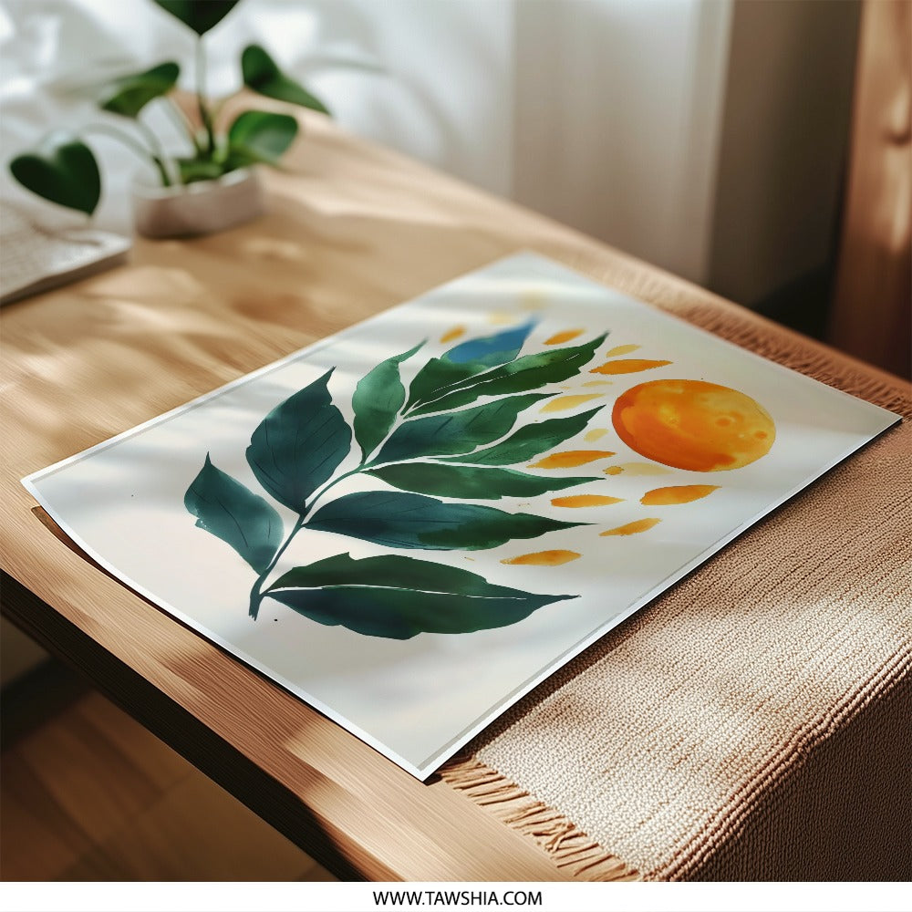 Watercolor Leaves Photographic Print, Botanical Wall Art, Modern Home Decor, Abstract Sun Art, Nature Inspired Print, Gallery Wall Art - Tawshia