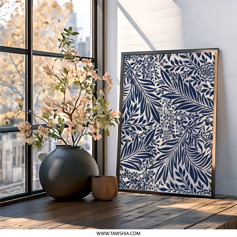 Indigo Floral Wall Art, Botanical Print, Navy Blue Foliage Decor, Modern Home Art, Elegant Nature Inspired Artwork, Living Room Decoration - Tawshia