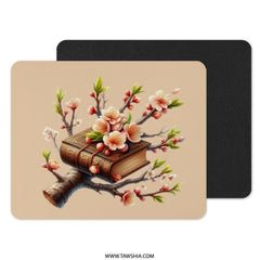 Book and Blossom Mouse Pad, Floral Mousepad, Book Lover Gift, Elegant Office Decor, Peach Blossom, Literary Gift, Unique Mouse Mat - Tawshia