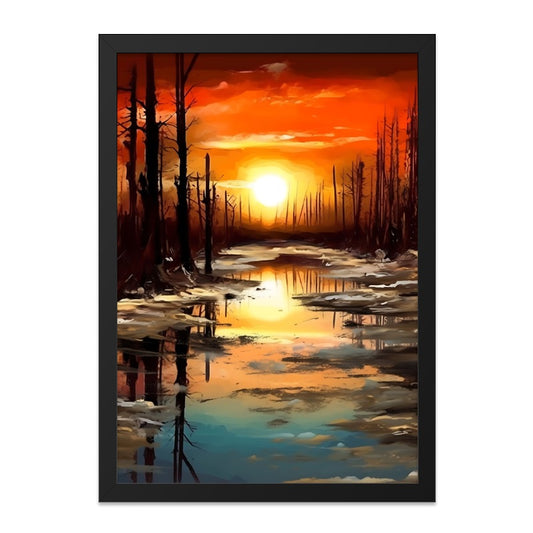 Sunset Reflection Wall Art, Landscape Painting Print, Dramatic Sky Artwork, Forest Scene Decor, Nature Inspired Wall Decor - Tawshia