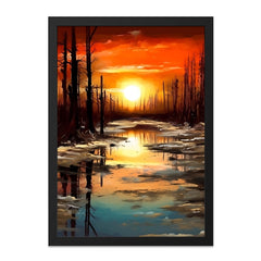 Sunset Reflection Wall Art, Landscape Painting Print, Dramatic Sky Artwork, Forest Scene Decor, Nature Inspired Wall Decor - Tawshia