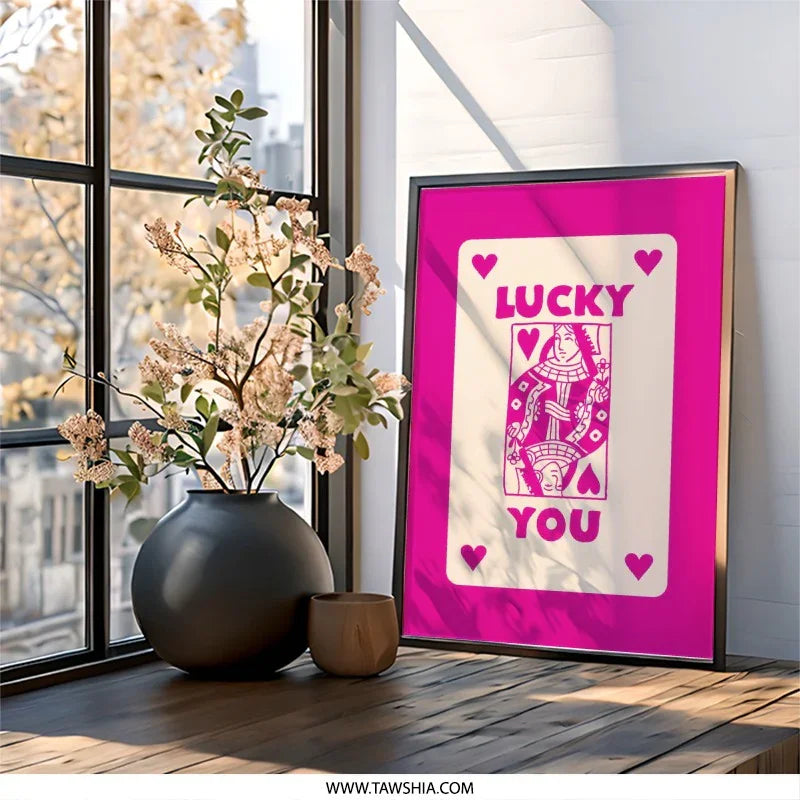 Lucky You Queen of Hearts Wall Art, Playful Card Art, Modern Home Decor, Pink Wall Art, Trendy Print, Unique Gift Idea, Wall Decor - Tawshia