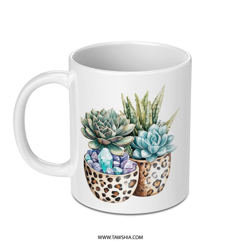 Succulent Mug, Leopard Print Mug, Crystal Mug, Plant Lover Gift, Aesthetic Mug, Unique Mug Design, Coffee Mug Gift Idea (139) - Tawshia
