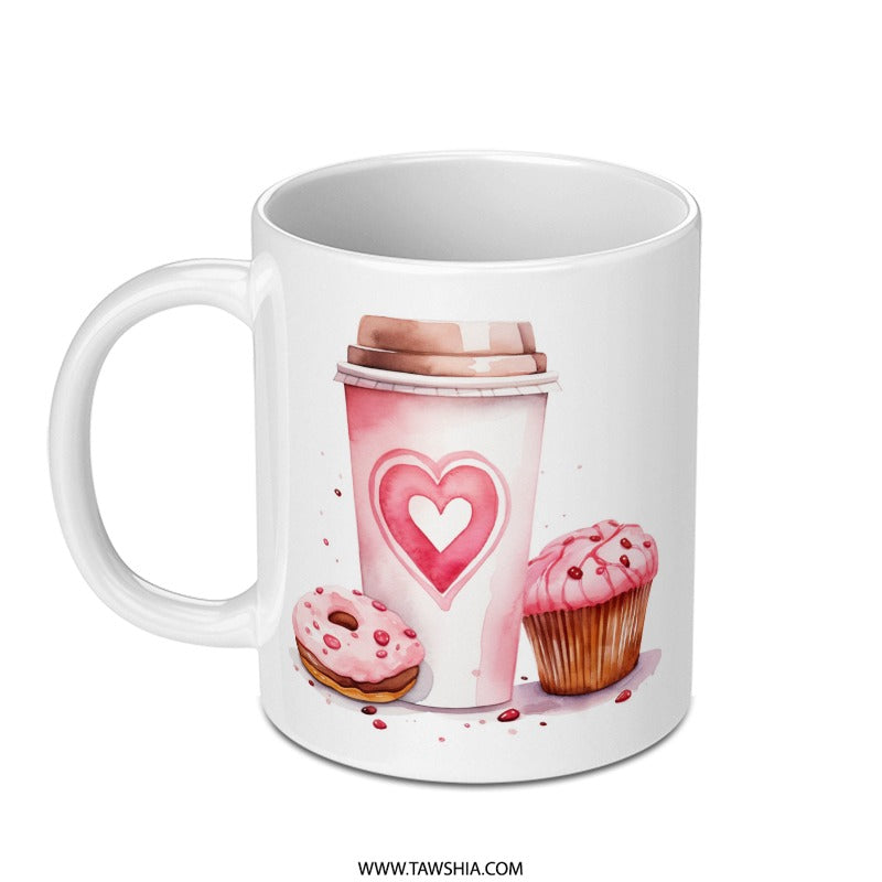 Pink Treats Mug, Watercolor Coffee Mug, Cupcake Donut, Heart Mug, Gift for Baker, Foodie Mug, Coffee Lover Gift, Cute Mug for Her - Tawshia