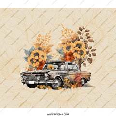 Vintage Car Floral BackPack, Classic Car Sunflowers, Retro Automobile Back Pack, Stylish BackPack For Students - Tawshia