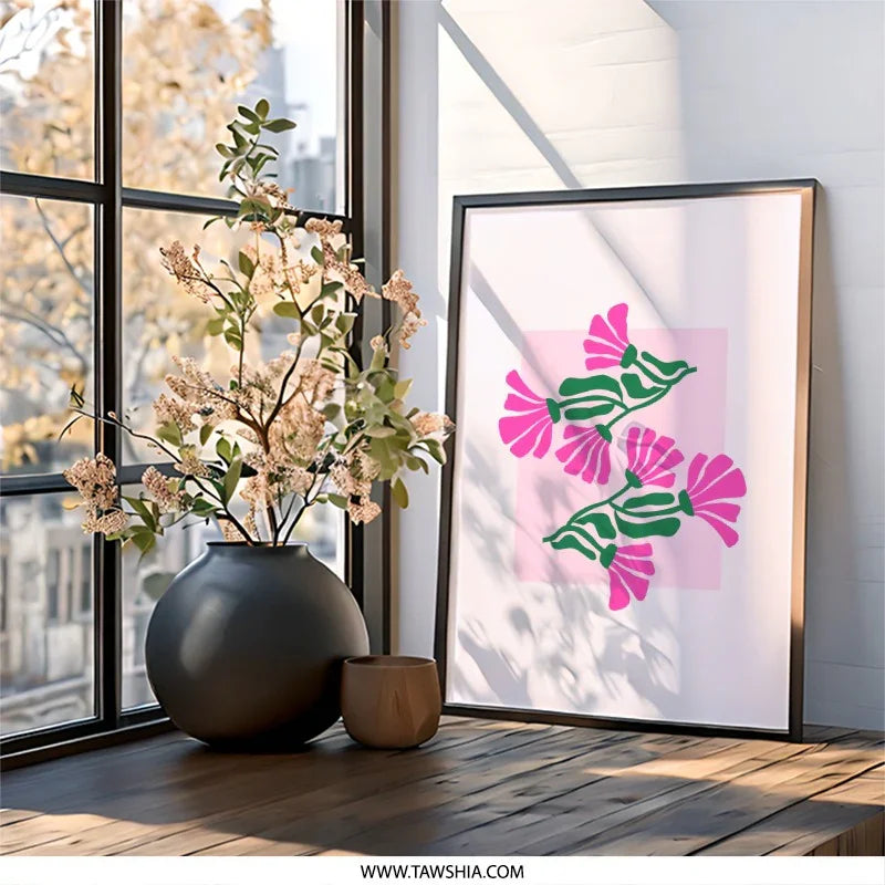 Pink Flower Wall Art, Floral Print, Botanical Home Decor, Minimalist Art Print, Trendy Wall Decor, Pink and Green Art, Framed Artwork - Tawshia