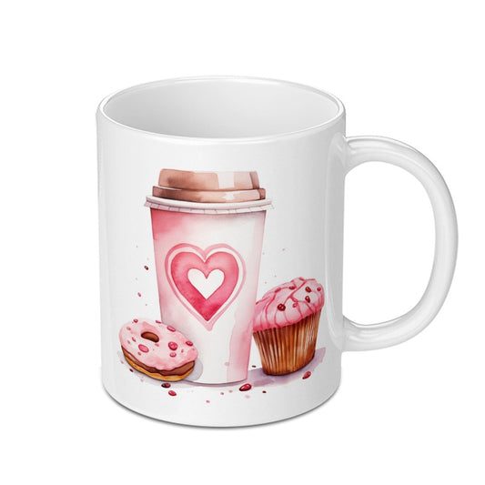 Pink Treats Mug, Watercolor Coffee Mug, Cupcake Donut, Heart Mug, Gift for Baker, Foodie Mug, Coffee Lover Gift, Cute Mug for Her - Tawshia