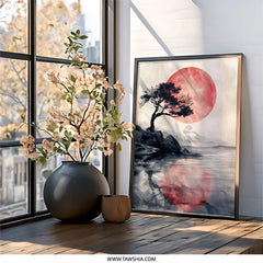 Japanese Art Wall Art, Red Sun Tree Print, Zen Landscape Poster, Minimalist Home Decor, Serene Nature Artwork - Tawshia