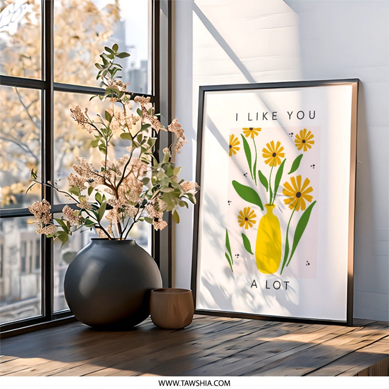 I Like You A Lot Wall Art, Yellow Flower Print, Vase Illustration, Modern Home Decor, Botanical Art Print, Floral Wall Decor - Tawshia