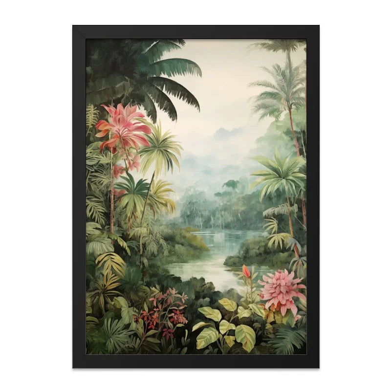 Tropical Paradise Wall Art, Jungle Landscape Print, Exotic Flower Decor, Lush Greenery Artwork, Serene River Scene, Nature Inspired Home - Tawshia