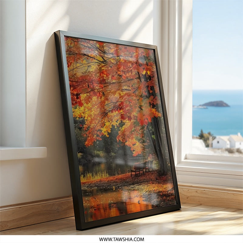 Autumn Wall Art, Fall Foliage Print, Scenic Landscape Decor, Autumnal Lake Scene, Bench by the Water, Vibrant Autumn Colors, Nature Art - Tawshia