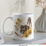 Vintage Camera Mug, Sunflower Coffee Cup, Photographer Gift, Rustic Photo Gear Tea Mug, Nature Lover Drinkware, Unique Gift for Camera Fan - Tawshia