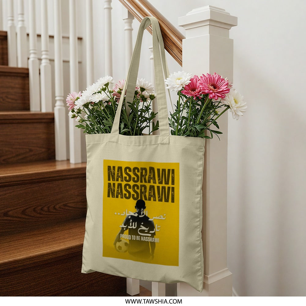 Nassrawi Tote Bag, Arabic Text Art, Football Fan Gift, Sports Lover Tote, Yellow Aesthetic Design, Soccer Bag, Nassr FC, Cool Tote Bag - Tawshia